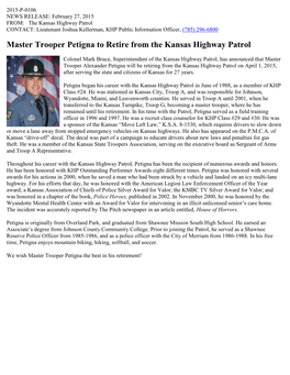 Master Trooper Petigna to Retire from the Kansas Highway Patrol