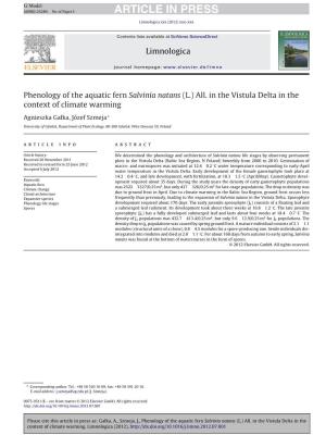 Phenology of the Aquatic Fern Salvinia Natans (L.) All. in the Vistula Delta in The