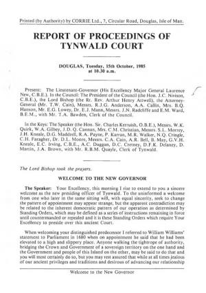 15 Oct 1985 Tynwald Hansard Road, Douglas, Isle of Man. REPORT OF