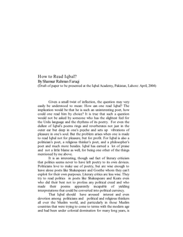 How to Read Iqbal? by Shamsur Rahman Faruqi (Draft of Paper to Be Presented at the Iqbal Academy, Pakistan, Lahore: April, 2004)