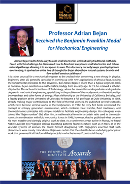 Professor Adrian Bejan Received the Benjamin Franklin Medal for Mechanical Engineering