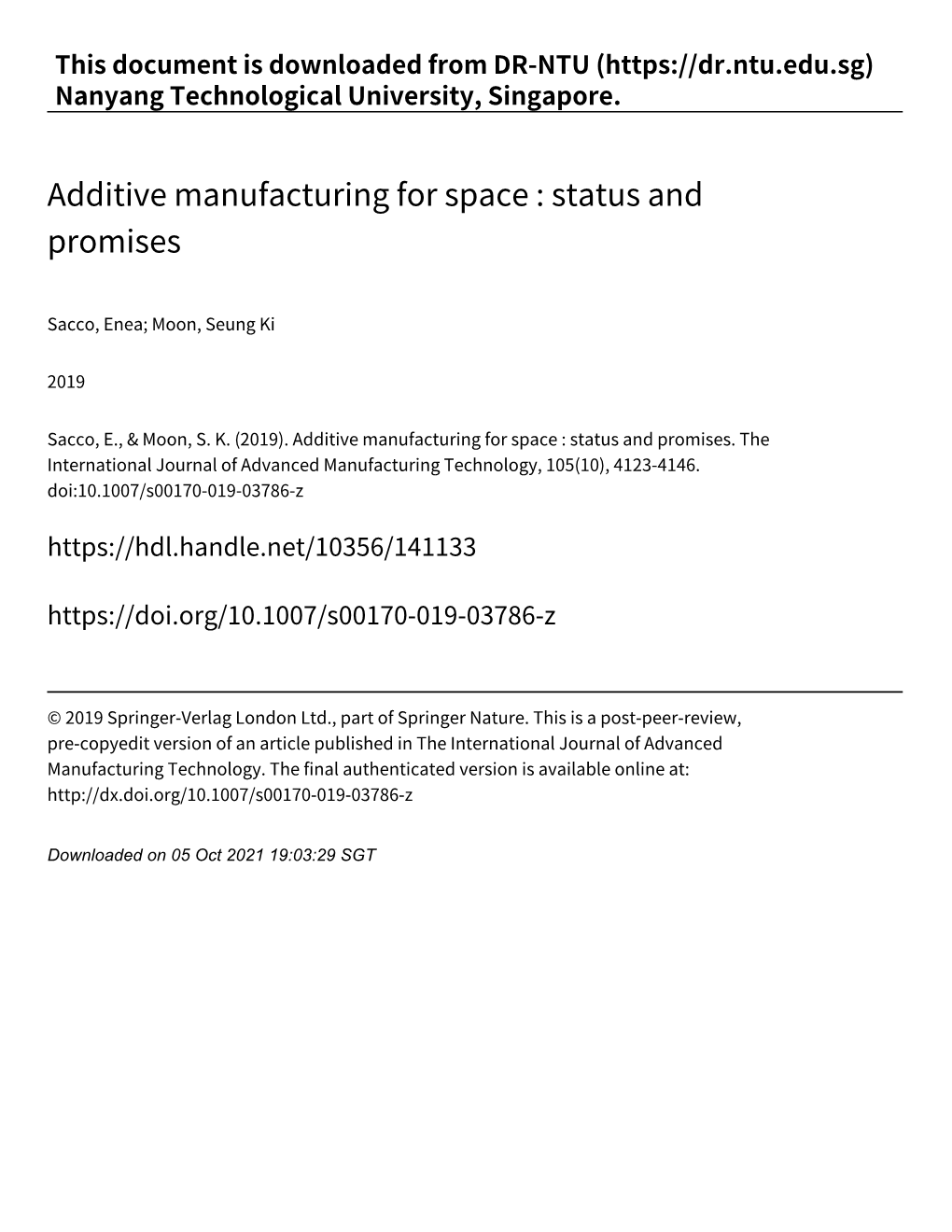 Additive Manufacturing for Space : Status and Promises