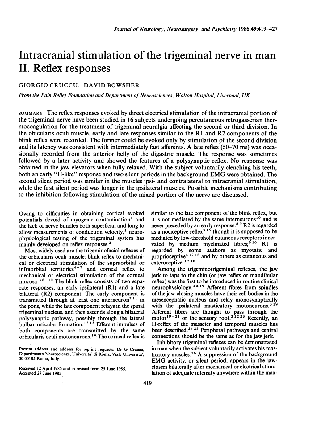 Intracranial Stimulation of the Trigeminal Nerve in Man II