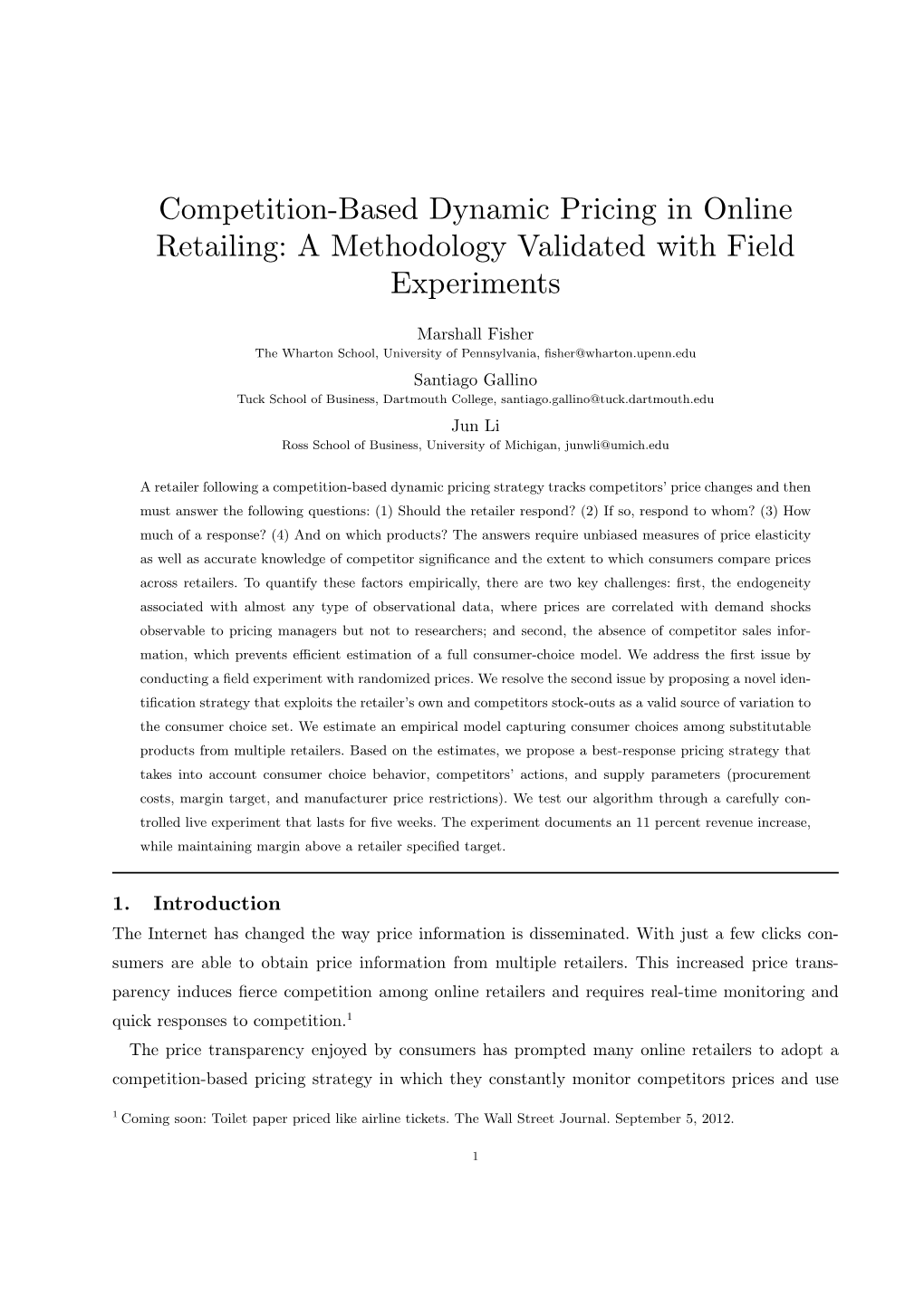 Competition-Based Dynamic Pricing in Online Retailing: a Methodology Validated with Field Experiments