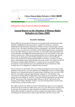 Annual Report on the Situation of Human Rights Defenders in China (2009) April 26, 2010