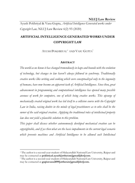 Artificial Intelligence Generated Works Under Copyright Law, NLUJ Law Review 6(2) 93 (2020)