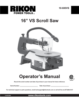 RIKON 16" VS Scroll Saw Manual