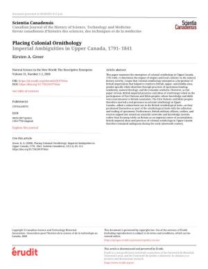 Placing Colonial Ornithology Imperial Ambiguities in Upper Canada, 1791- 1841 Kirsten A