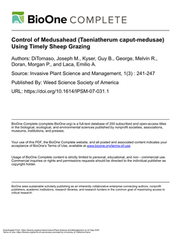 Taeniatherum Caput-Medusae) Using Timely Sheep Grazing