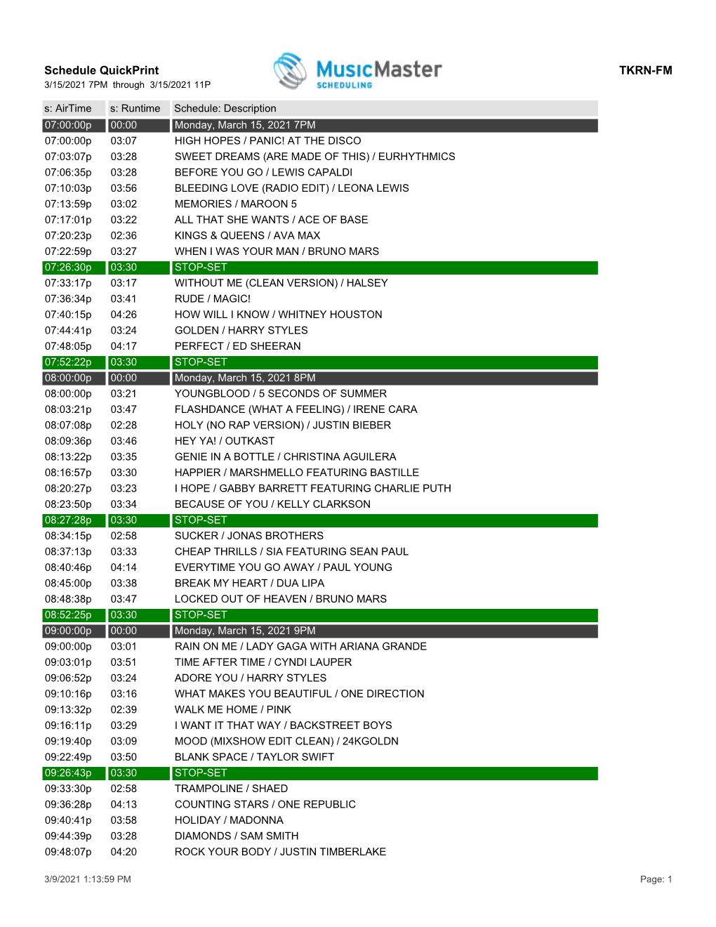 Schedule Quickprint TKRN-FM