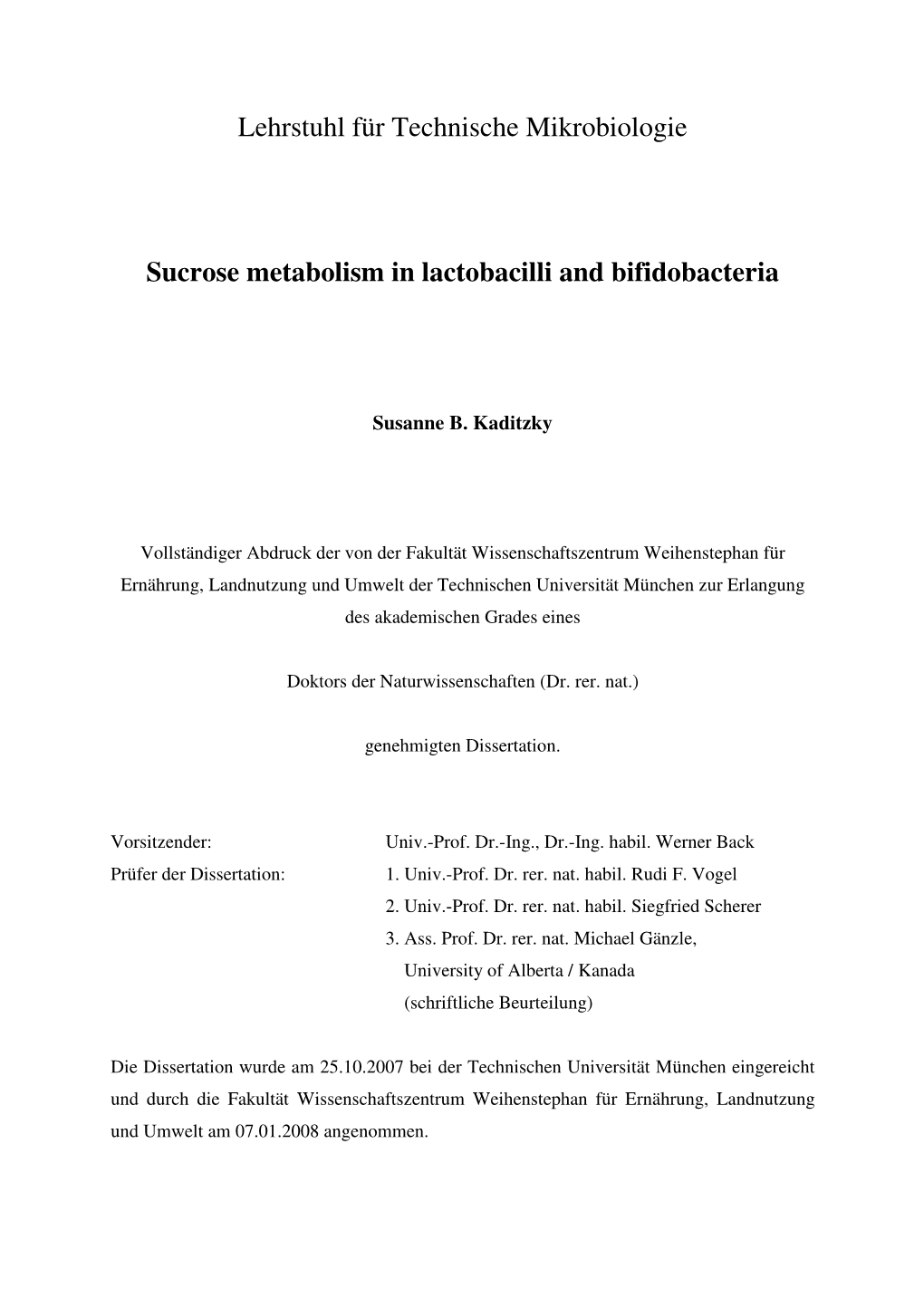 Lehrstuhl Für Technische Mikrobiologie Sucrose Metabolism