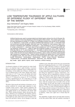 LOW TEMPERATURE TOLERANCE of APPLE CULTIVARS of DIFFERENT PLOIDY at DIFFERENT TIMES of the WINTER Zoya Ozherelieva# and Evgeny Sedov