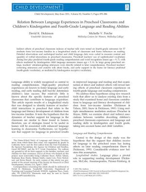 Relation Between Language Experiences in Preschool Classrooms and Children’S Kindergarten and Fourth-Grade Language and Reading Abilities