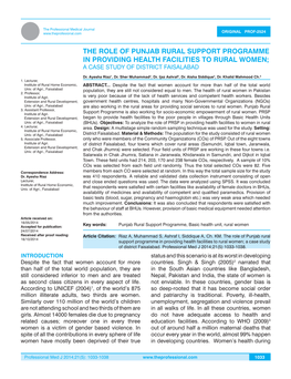 The Role of Punjab Rural Support Programme in Providing Health Facilities to Rural Women; a Case Study of District Faisalabad