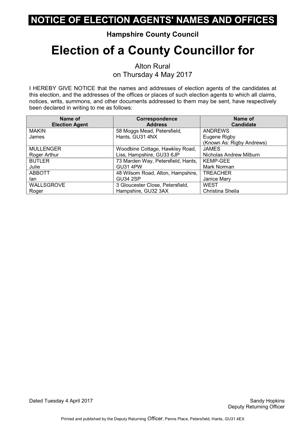 East Hampshire Notice of Election Agents