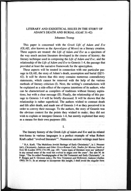 LITERARY and EXEGETICAL ISSUES in the STORY of ADAM's DEATH and BURIAL (GLAE 31-42) Johannes Tromp