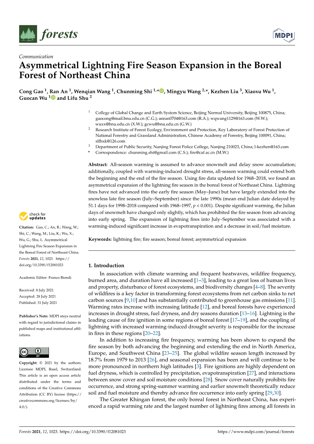 Asymmetrical Lightning Fire Season Expansion in the Boreal Forest of Northeast China