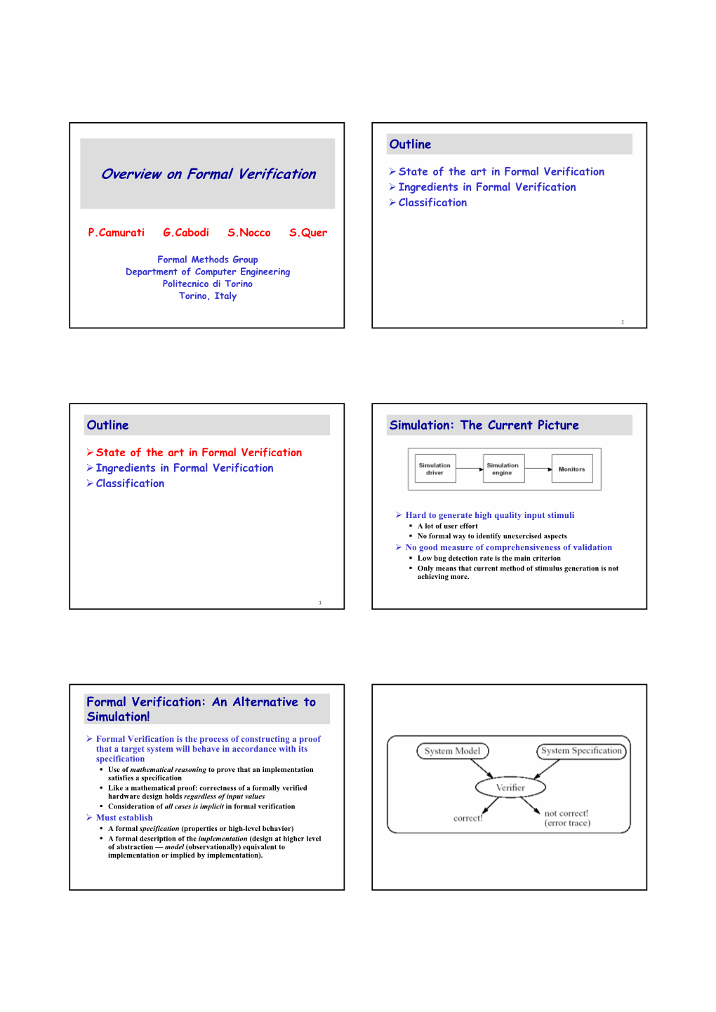 Overview on Formal Verification  State of the Art in Formal Verification  Ingredients in Formal Verification  Classification