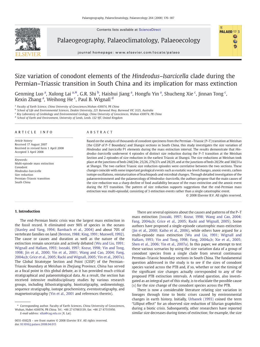 Size Variation of Conodont Elements of the Hindeodus–Isarcicella Clade During the Permian–Triassic Transition in South China and Its Implication for Mass Extinction