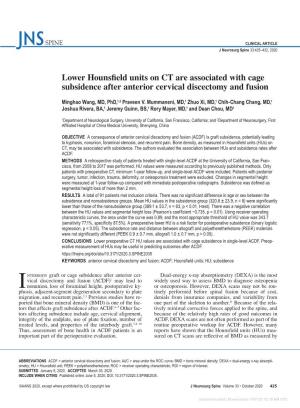 Lower Hounsfield Units on CT Are Associated with Cage Subsidence After Anterior Cervical Discectomy and Fusion