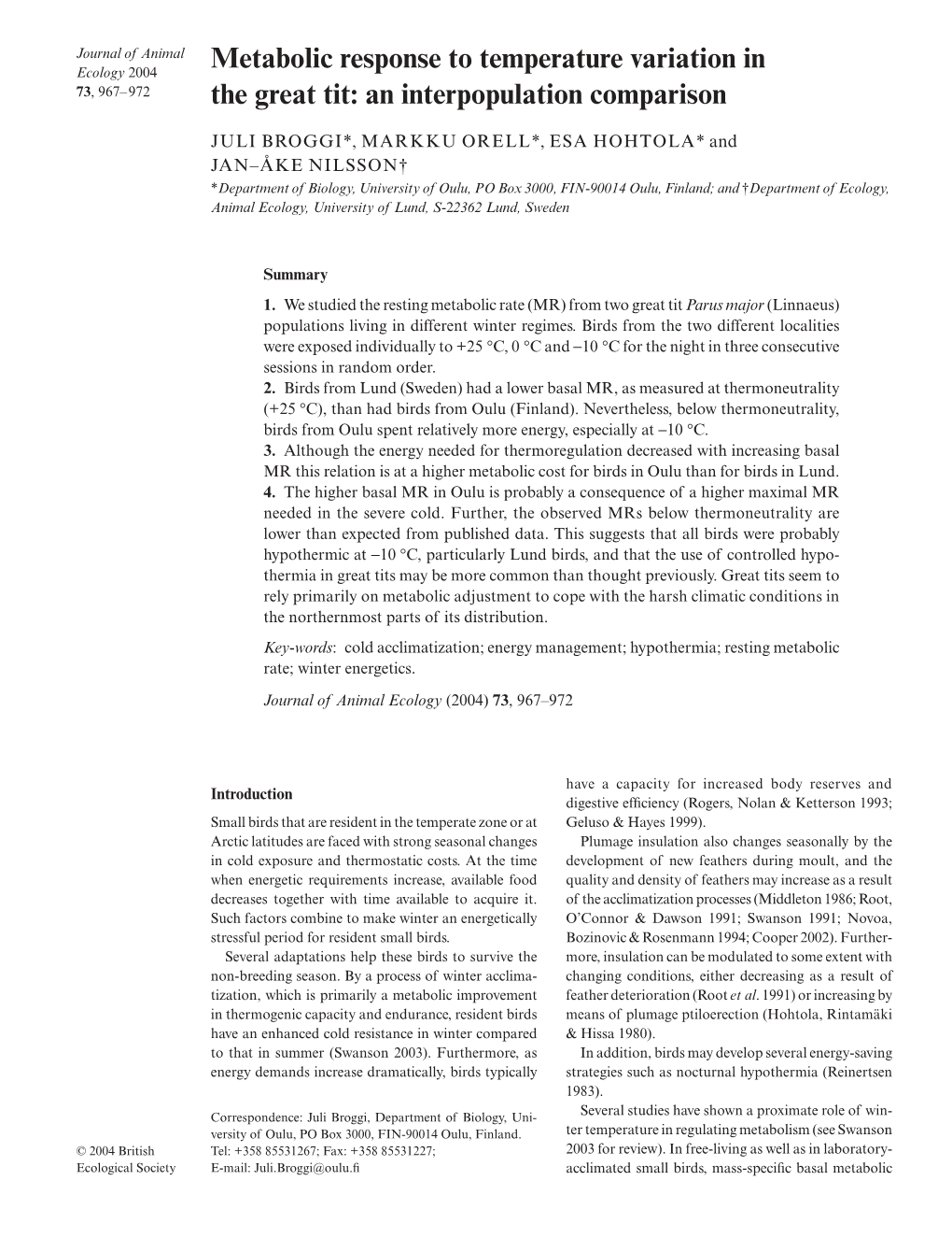 Metabolic Response to Temperature Variation in the Great Tit: An