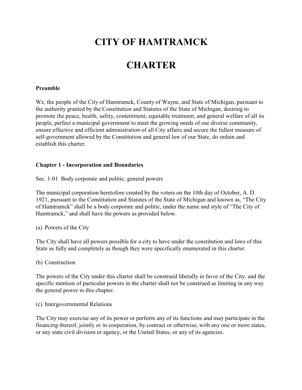 City of Hamtramck Charter Revision Commission Approved by Resolution on November 8, 2004 Be Adopted? [ ] YES [ ] NO