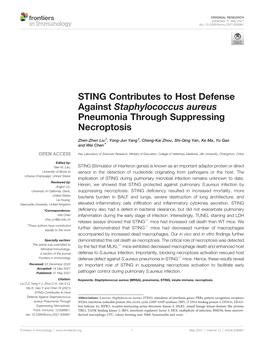 STING Contributes to Host Defense Against Staphylococcus Aureus Pneumonia Through Suppressing Necroptosis