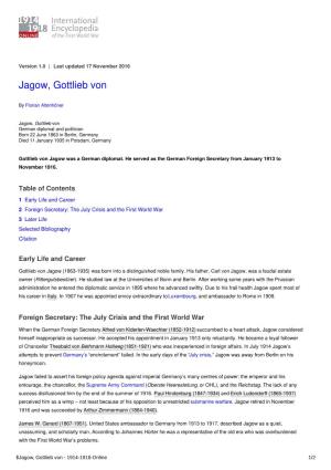Jagow, Gottlieb Von | International Encyclopedia of the First World War