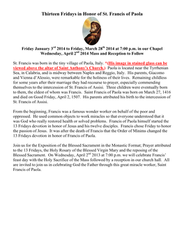 Thirteen Fridays in Honor of St. Francis of Paola