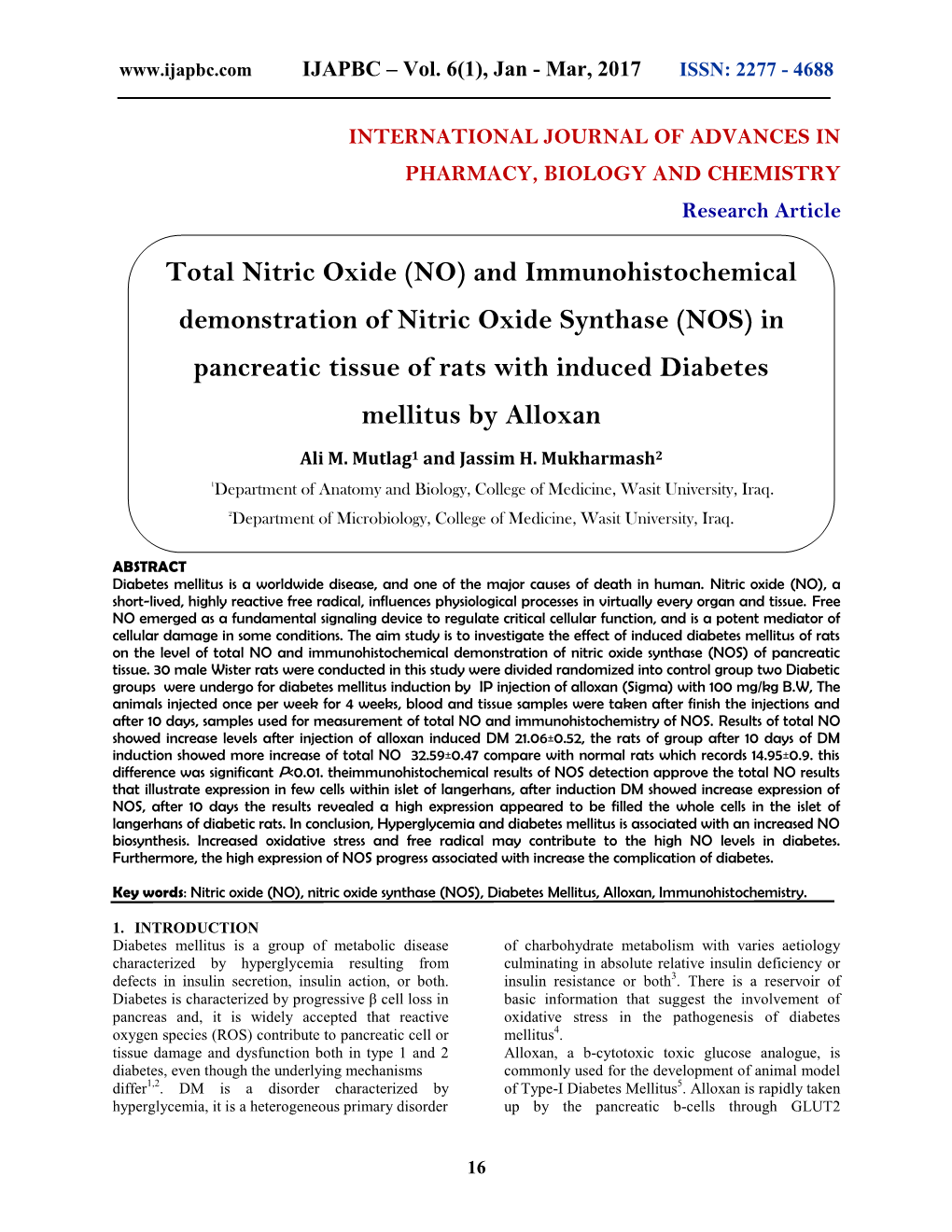 Total Nitric Oxide (NO) and Immunohistochemical