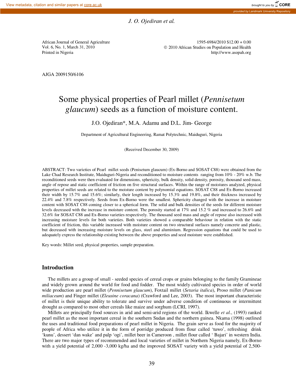 Some Physical Properties of Pearl Millet (Pennisetum Glaucum)