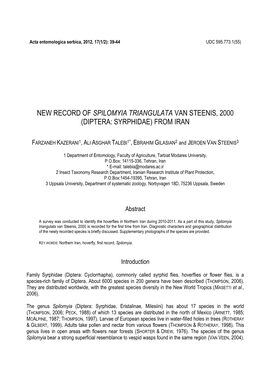 New Record of Spilomyia Triangulata Van Steenis, 2000 (Diptera: Syrphidae) from Iran