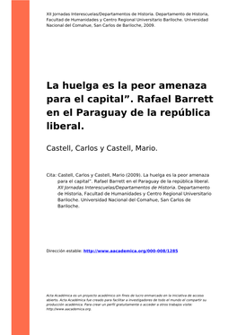 La Huelga Es La Peor Amenaza Para El Capital”. Rafael Barrett En El Paraguay De La República Liberal