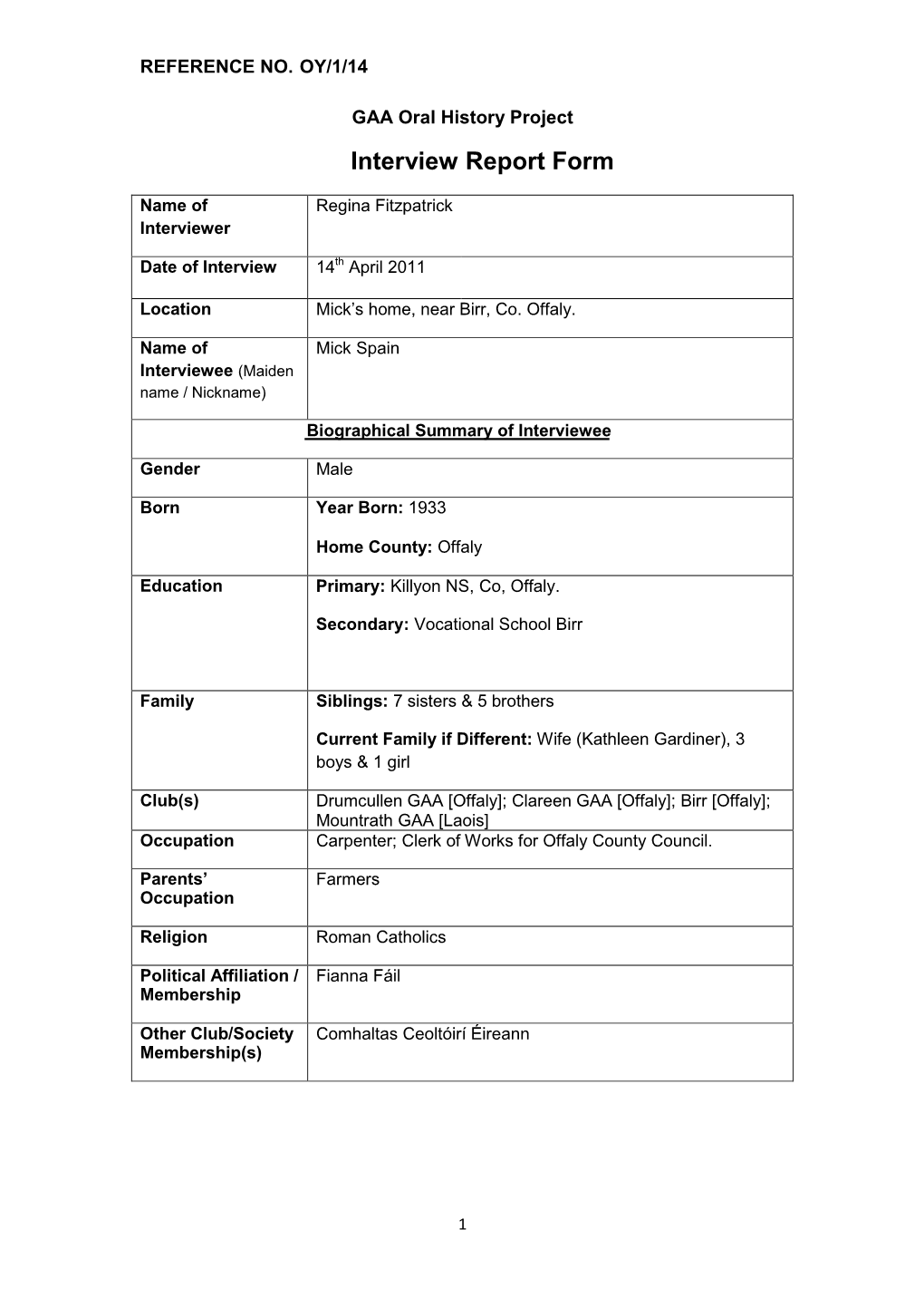 GAA Oral History Project Interview Report Form