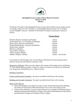 Springfield-Greene County Library Board of Trustees March 15, 2016 Minutes