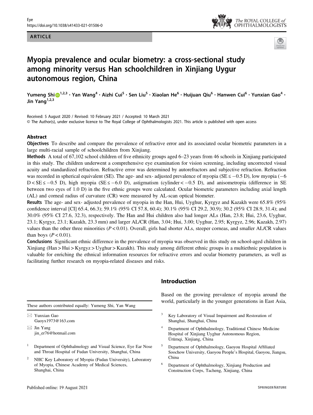 Myopia Prevalence and Ocular Biometry: a Cross-Sectional Study Among Minority Versus Han Schoolchildren in Xinjiang Uygur Autonomous Region, China