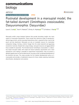 Postnatal Development in a Marsupial Model, the Fat-Tailed Dunnart (Sminthopsis Crassicaudata; Dasyuromorphia: Dasyuridae) ✉ Laura E