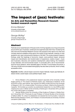 The Impact of (Jazz) Festivals: an Arts and Humanities Research Council- Funded Research Report Emma Webster1 University of East Anglia Emma.Webster@Uea.Ac.Uk