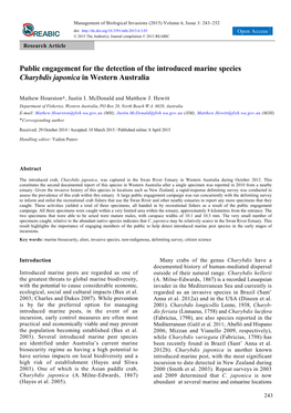 Public Engagement for the Detection of the Introduced Marine Species Charybdis Japonica in Western Australia