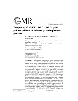 Frequency of ANKK1, DRD2, DRD3 Gene Polymorphisms in Refractory Schizophrenia Patients