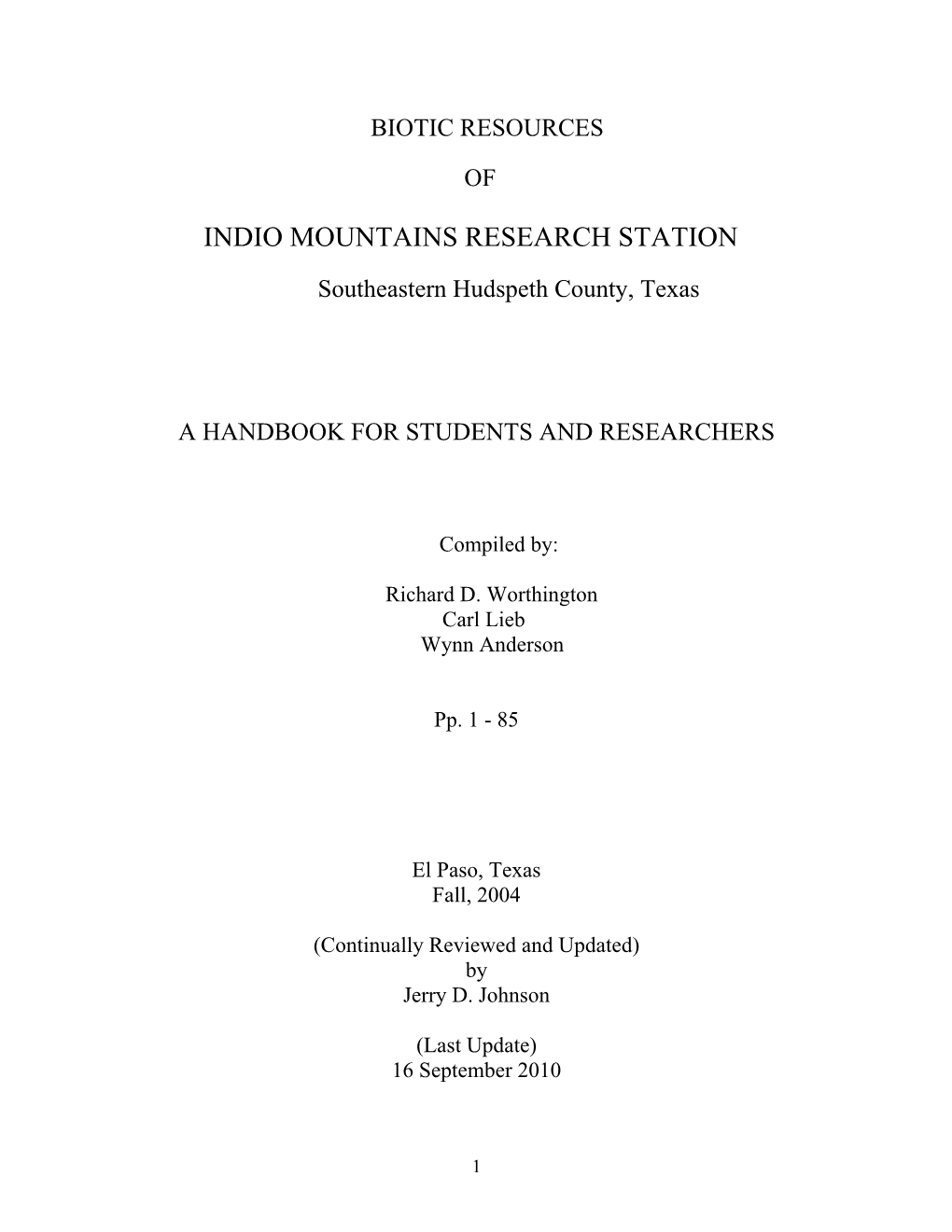 Biotic Resources of Indio Mountains Research Station