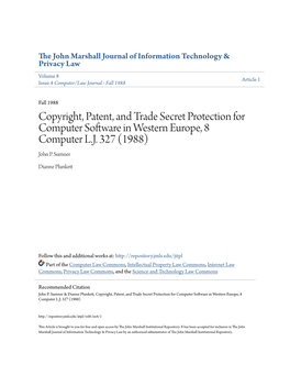 Copyright, Patent, and Trade Secret Protection for Computer Software in Western Europe, 8 Computer L.J