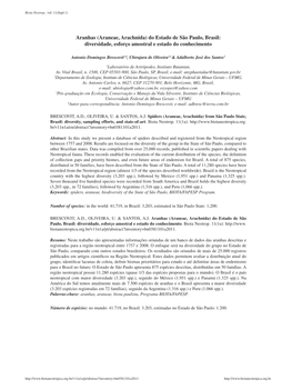 Aranhas (Araneae, Arachnida) Do Estado De São Paulo, Brasil: Diversidade, Esforço Amostral E Estado Do Conhecimento