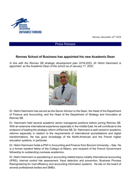 Rennes School of Business Has Appointed His New Academic Dean