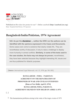 Bangladesh/India/Pakistan, 1974 Agreement