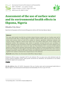 Assessment of the Use of Surface Water and Its Environmental Health Effects in Ekpoma, Nigeria