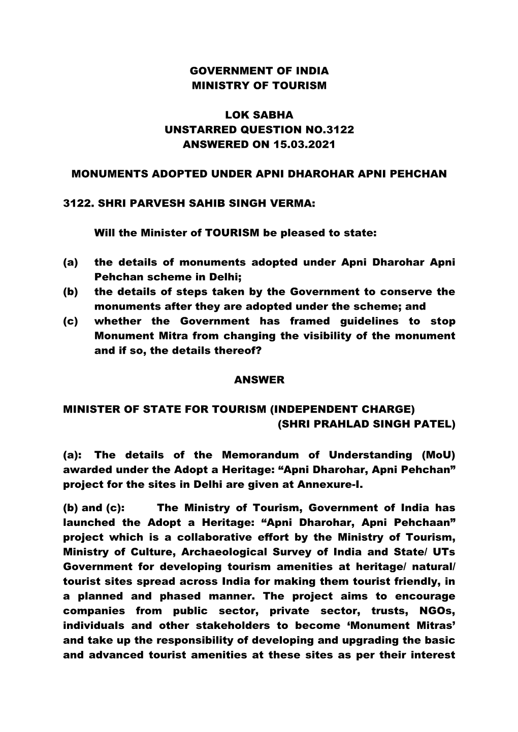 Government of India Ministry of Tourism Lok Sabha