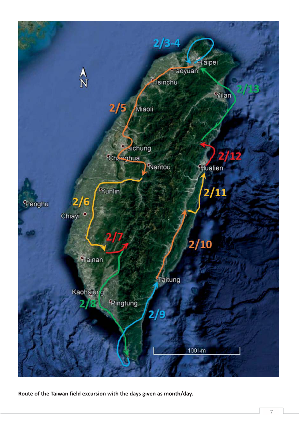 7 Route of the Taiwan Field Excursion with the Days Given As Month/Day