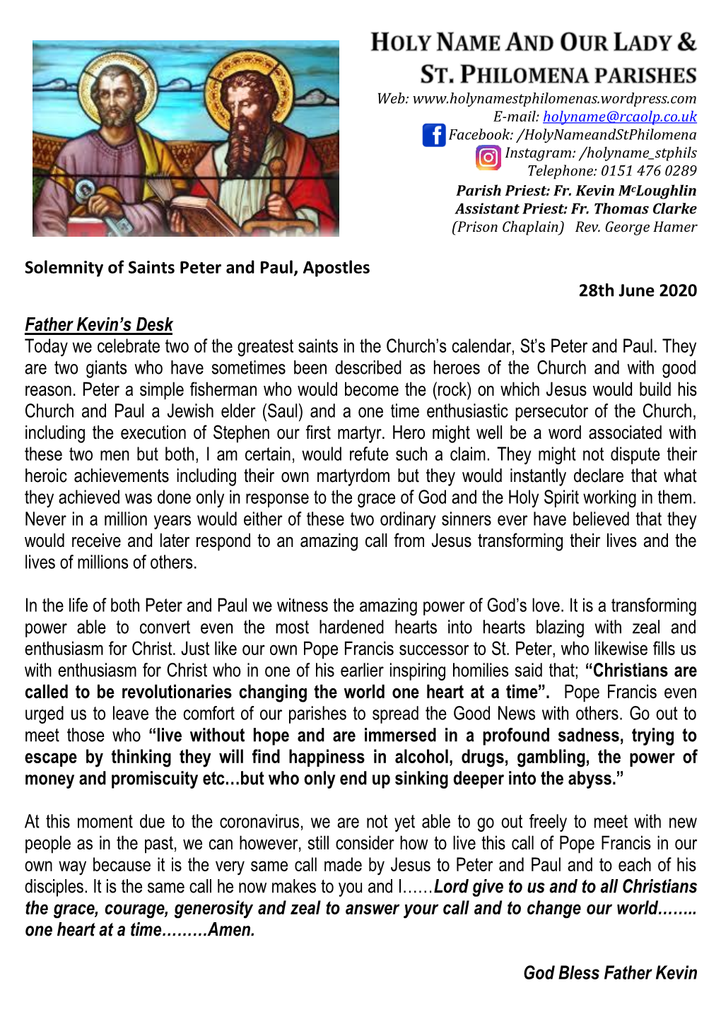Solemnity of Saints Peter and Paul, Apostles 28Th June 2020 Father