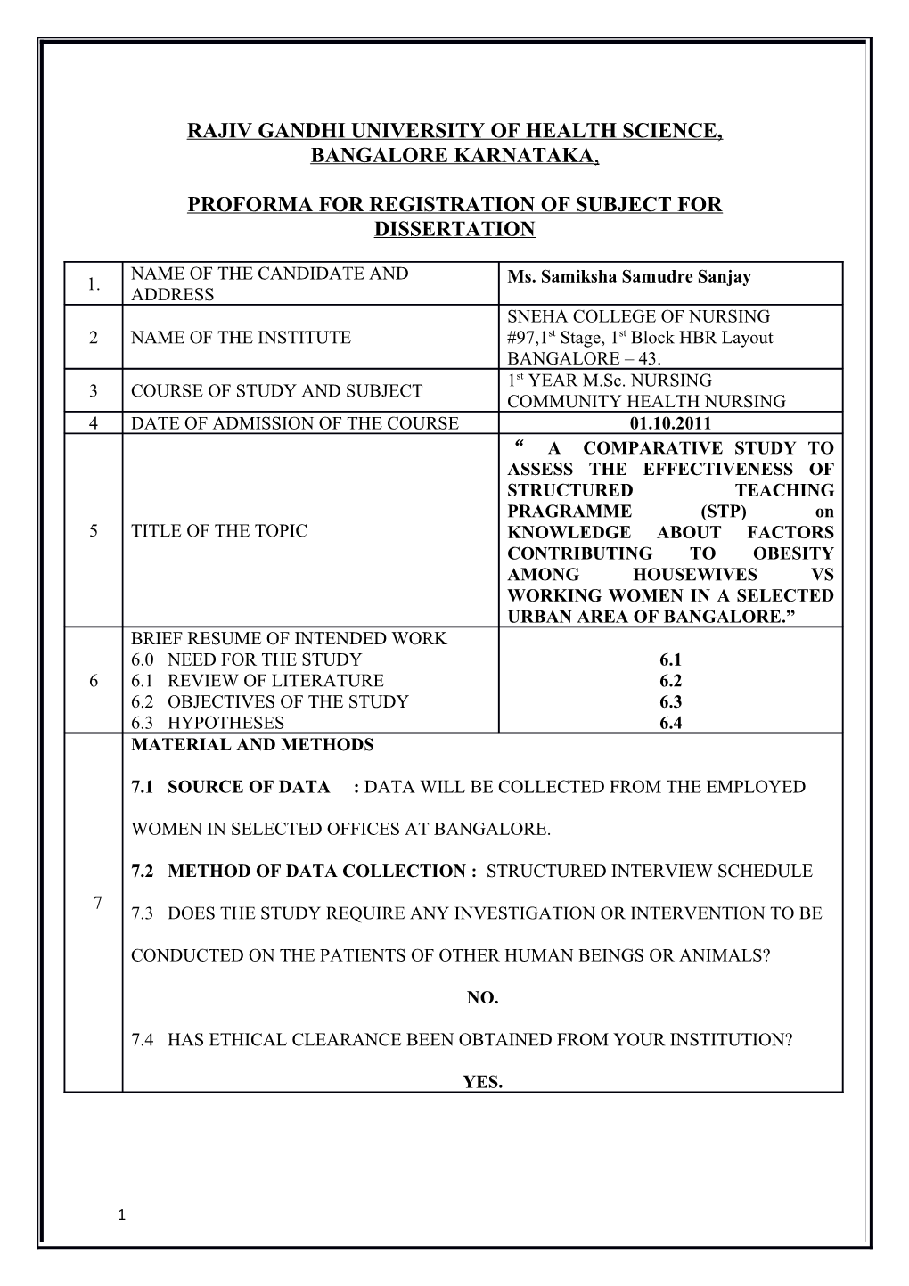 Proforma for Registration of Subject for Dissertation